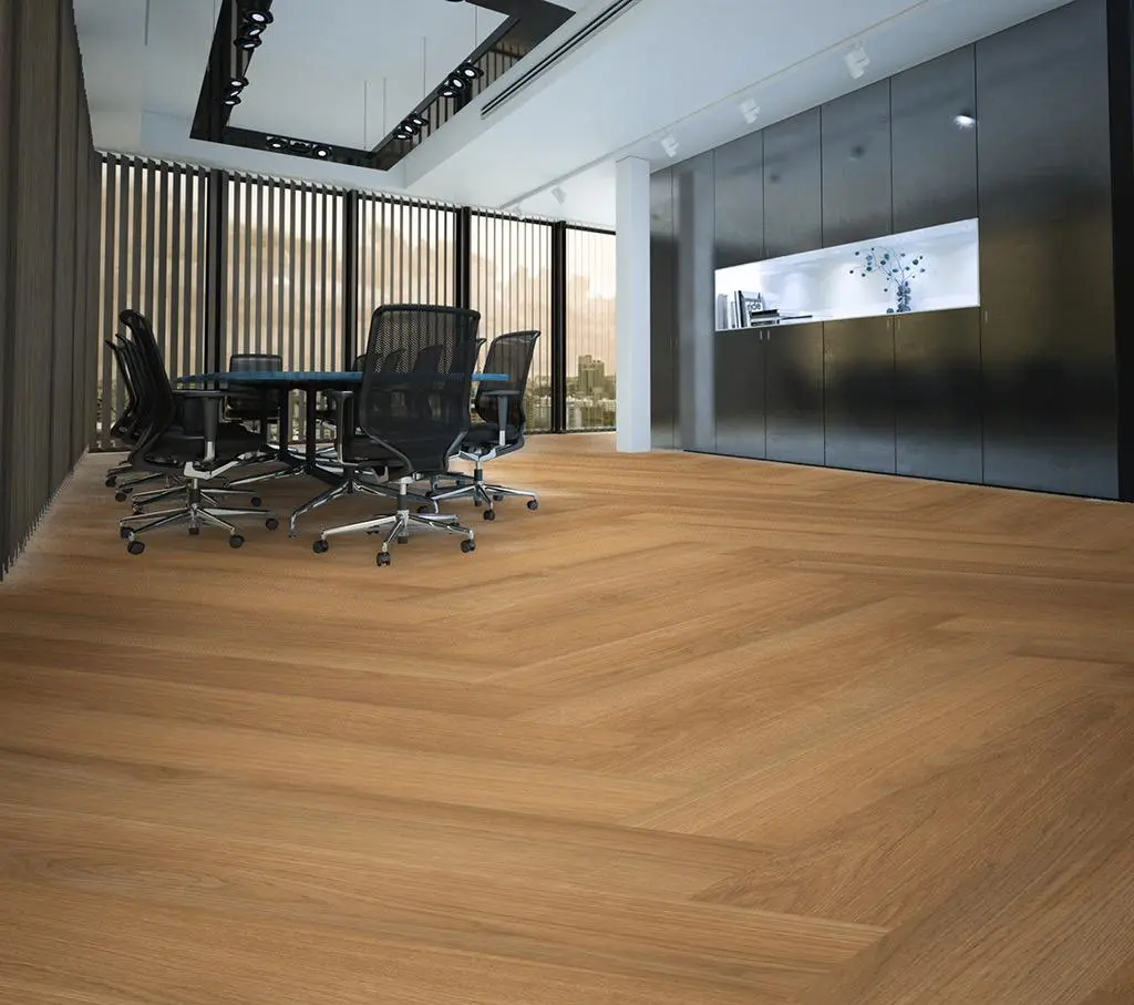stylish hybrid flooring laid in herringbone pattern
